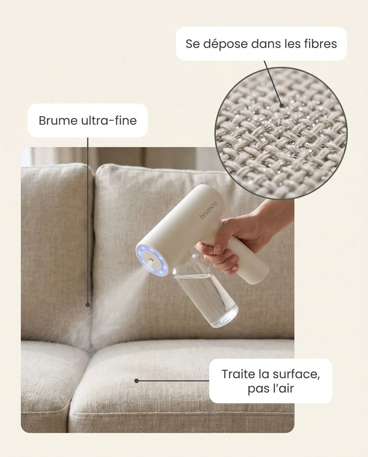 Brume ultra-fine se déposant dans les fibres d'un coussin de canapé, vue agrandie du tissu