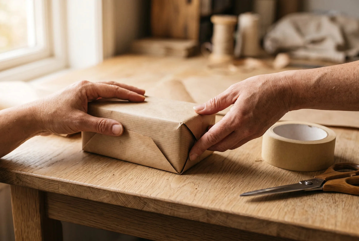 Deux mains plient du papier kraft autour d'un colis sur une table en bois