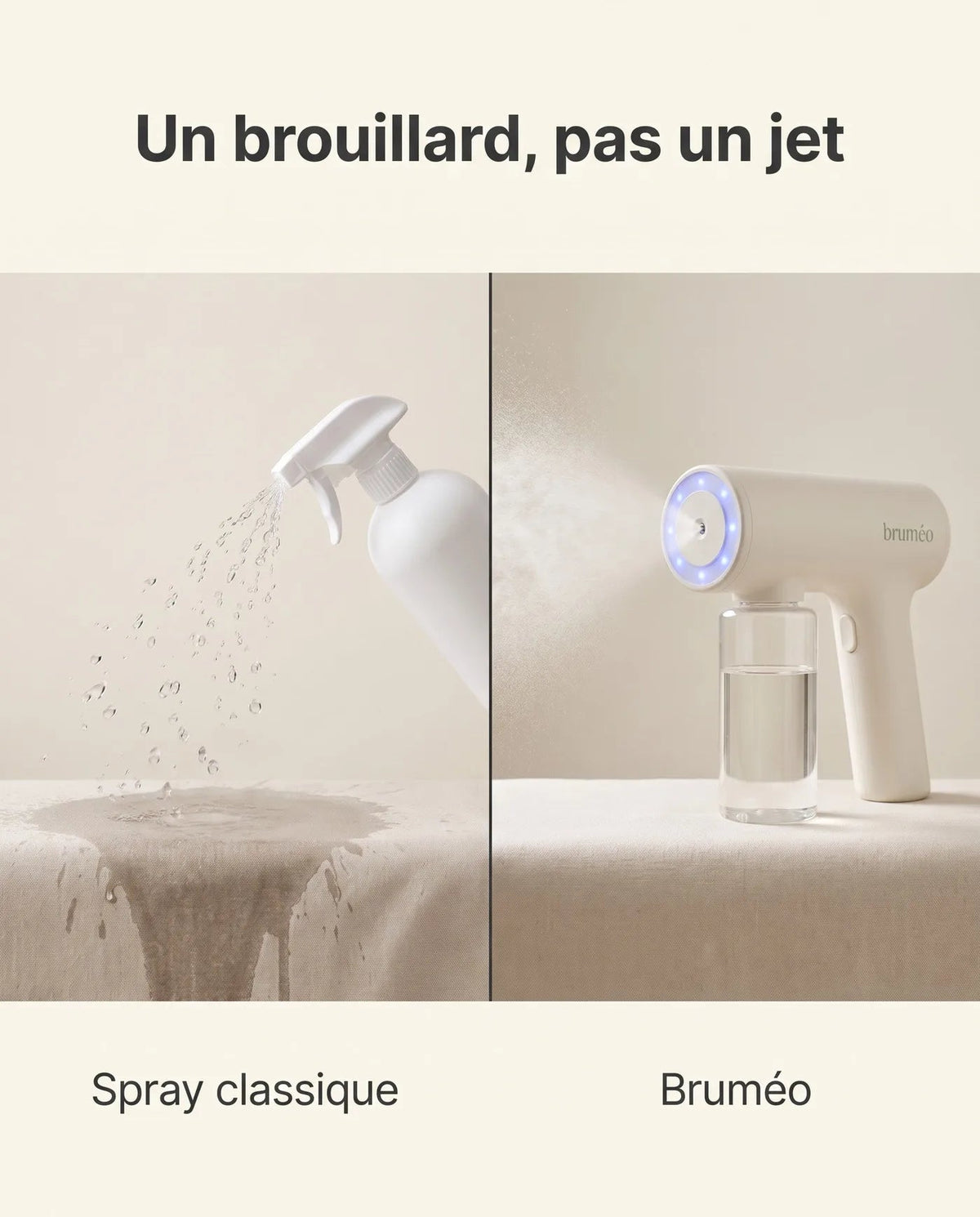 Comparaison : spray classique à grosses gouttes contre brouillard ultra-fin Bruméo