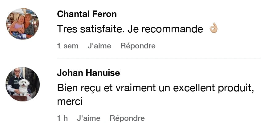 Commentaires sous la publicité Bruméo sur Facebook. Chantal Feron : « Tres satisfaite. Je recommande ». Johan Hanuise : « Bien reçu et vraiment un excellent produit, merci »